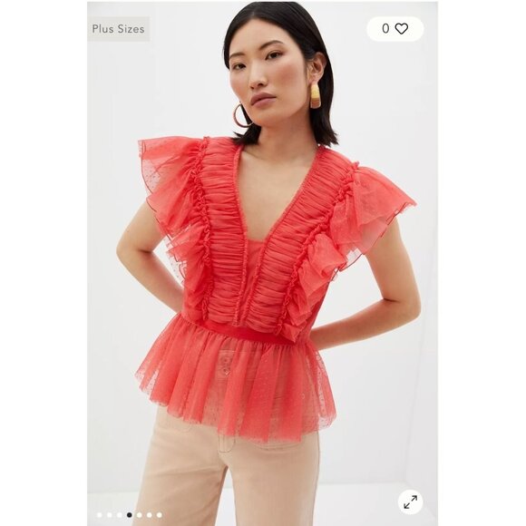 Anthropologie Tops - NEW Geisha Designs Anthropologie Ruffled Tulle Sheer Velvet-Trim V-Neck Blouse
